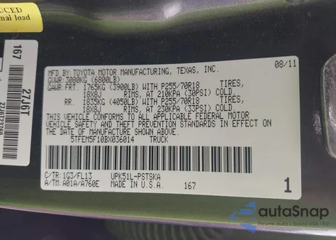 2011 Toyota Tundra Grade 4.6L V8 from USA, damaged, VIN 5TFEM5F10BX036014